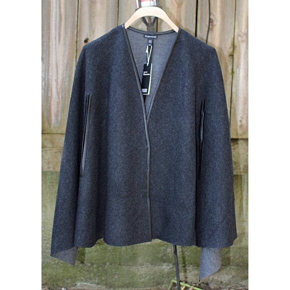 New w/Tags Eileen Fisher -Leather Trim Front Felted Merino Snap Front Cape, M/L - Picture 3 of 14